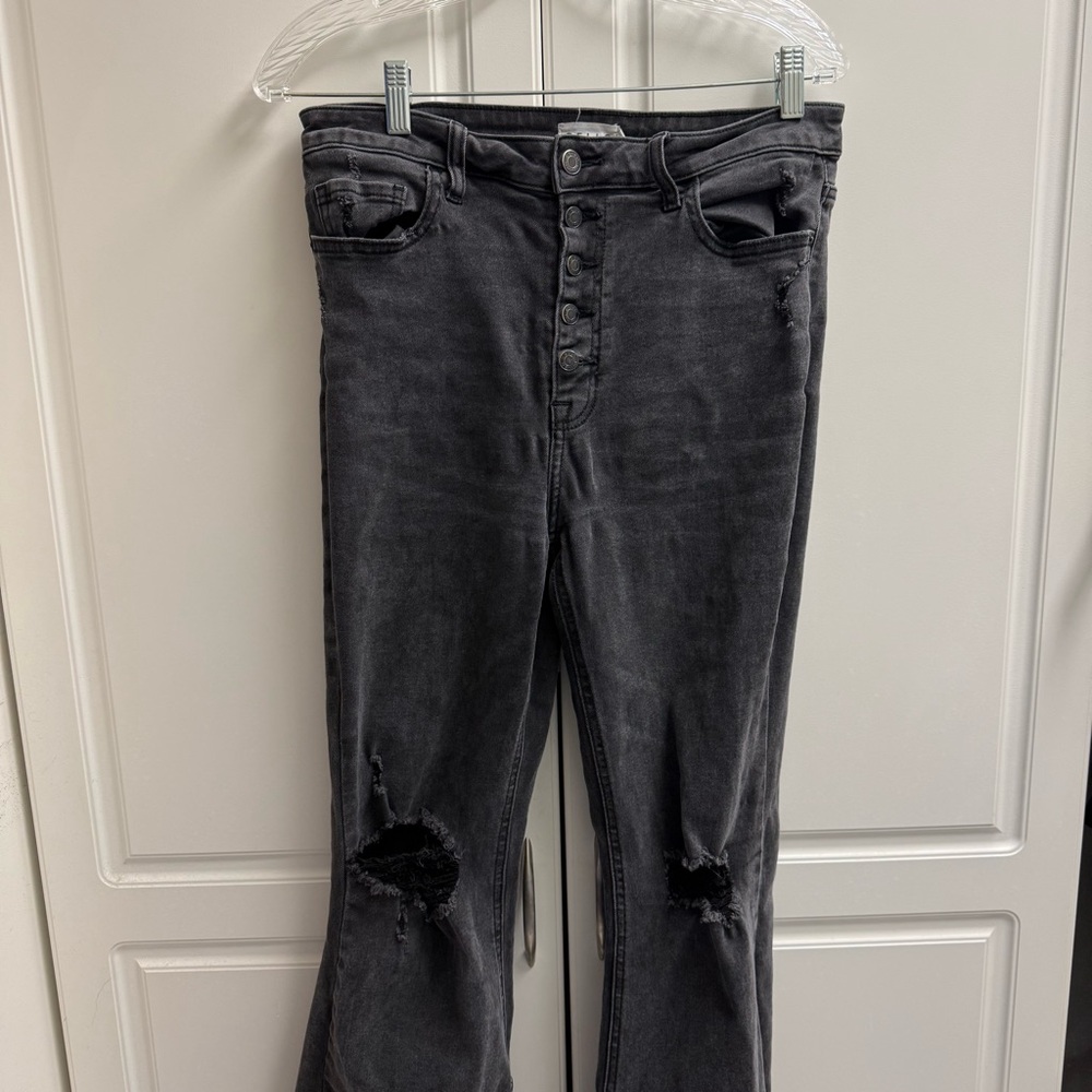 Cello High Rise Button Fly Distressed Flare Jeans Size 13 Black Wash